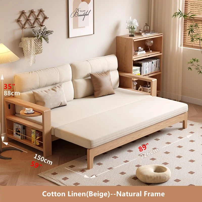 Canapé-lit rétractable multifonctionnel avec accoudoir large et étagère de rangement