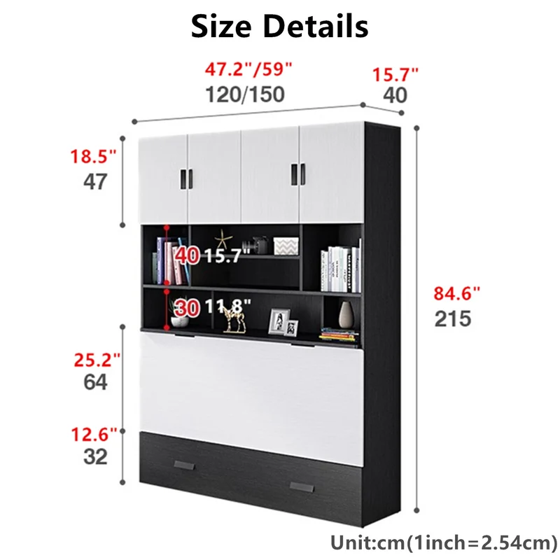 Lit armoire Murphy avec étagère de rangement la plus profonde