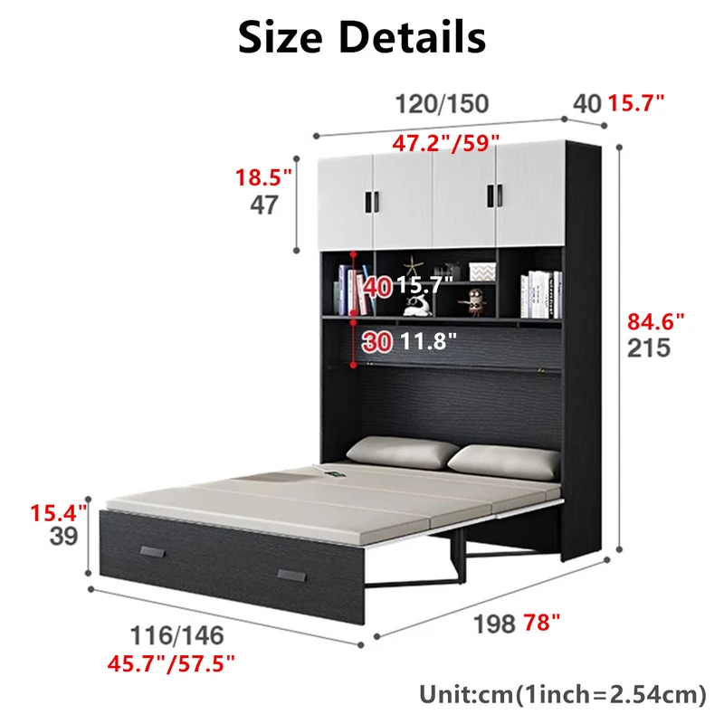 Lit armoire Murphy avec étagère de rangement la plus profonde