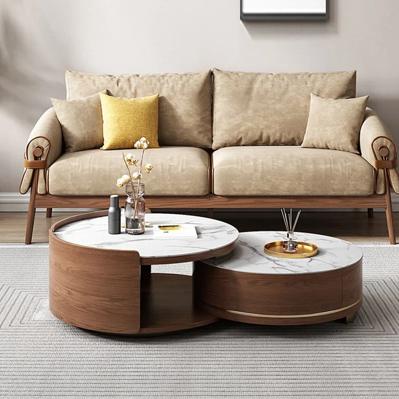 Table basse gigogne double ronde avec tiroir et plateau en marbre