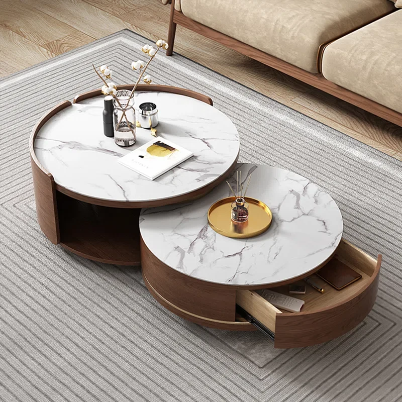 Table basse gigogne double ronde avec tiroir et plateau en marbre