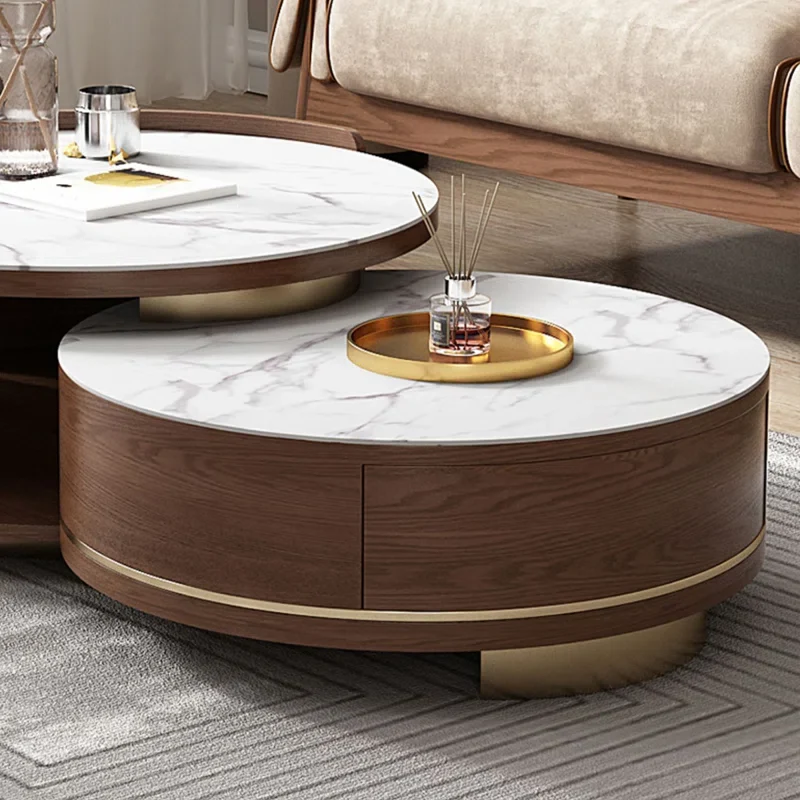 Table basse gigogne double ronde avec tiroir et plateau en marbre