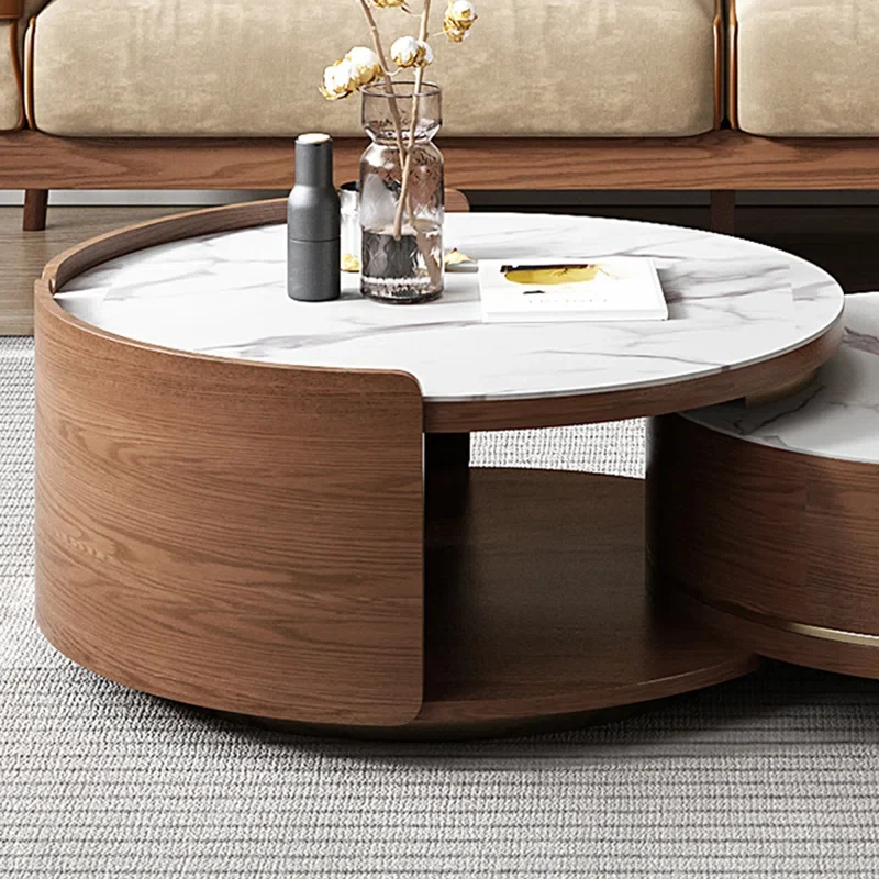 Table basse gigogne double ronde avec tiroir et plateau en marbre