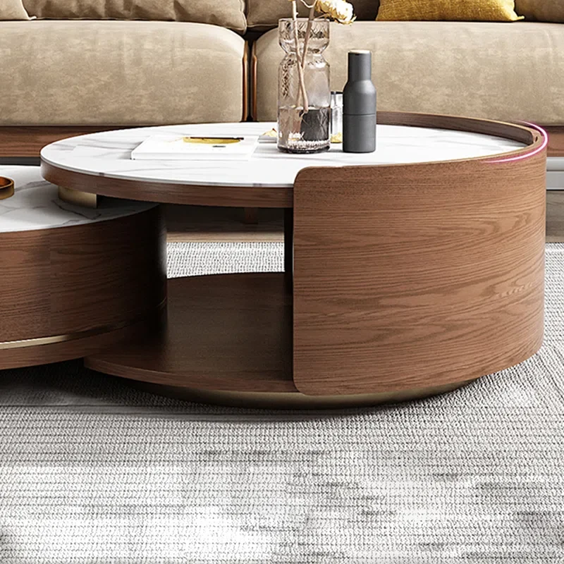 Table basse gigogne double ronde avec tiroir et plateau en marbre