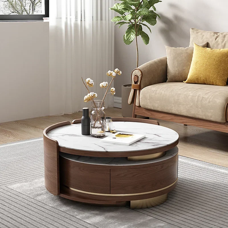 Table basse gigogne double ronde avec tiroir et plateau en marbre
