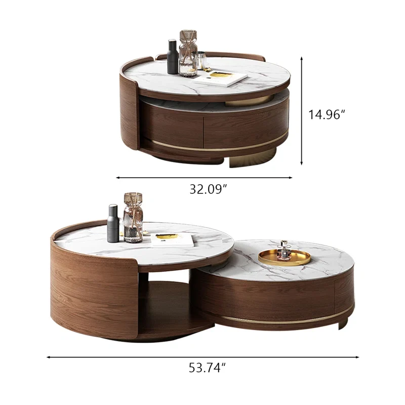 Table basse gigogne double ronde avec tiroir et plateau en marbre