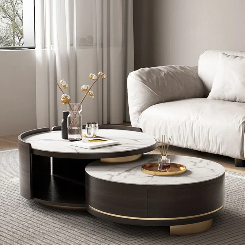 Table basse gigogne double ronde avec tiroir et plateau en marbre