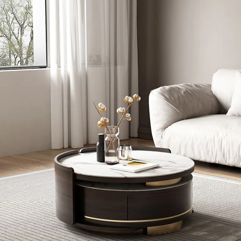 Table basse gigogne double ronde avec tiroir et plateau en marbre