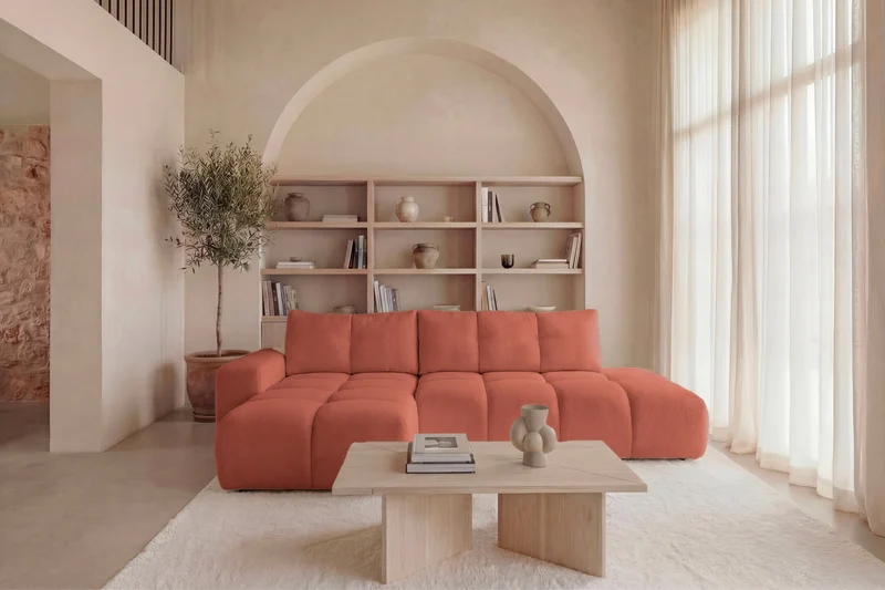 Canapé d'angle droit convertible CASANOVA Constance en tissu chenille terracotta