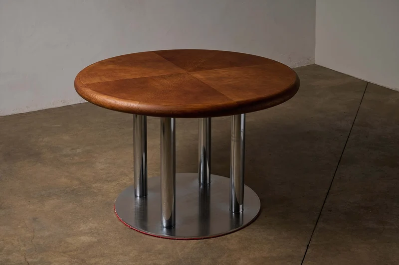 Round 1970s Dining Table with Chrome Pillar Base