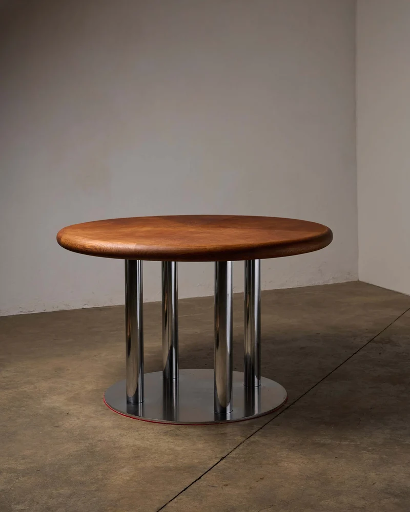 Round 1970s Dining Table with Chrome Pillar Base