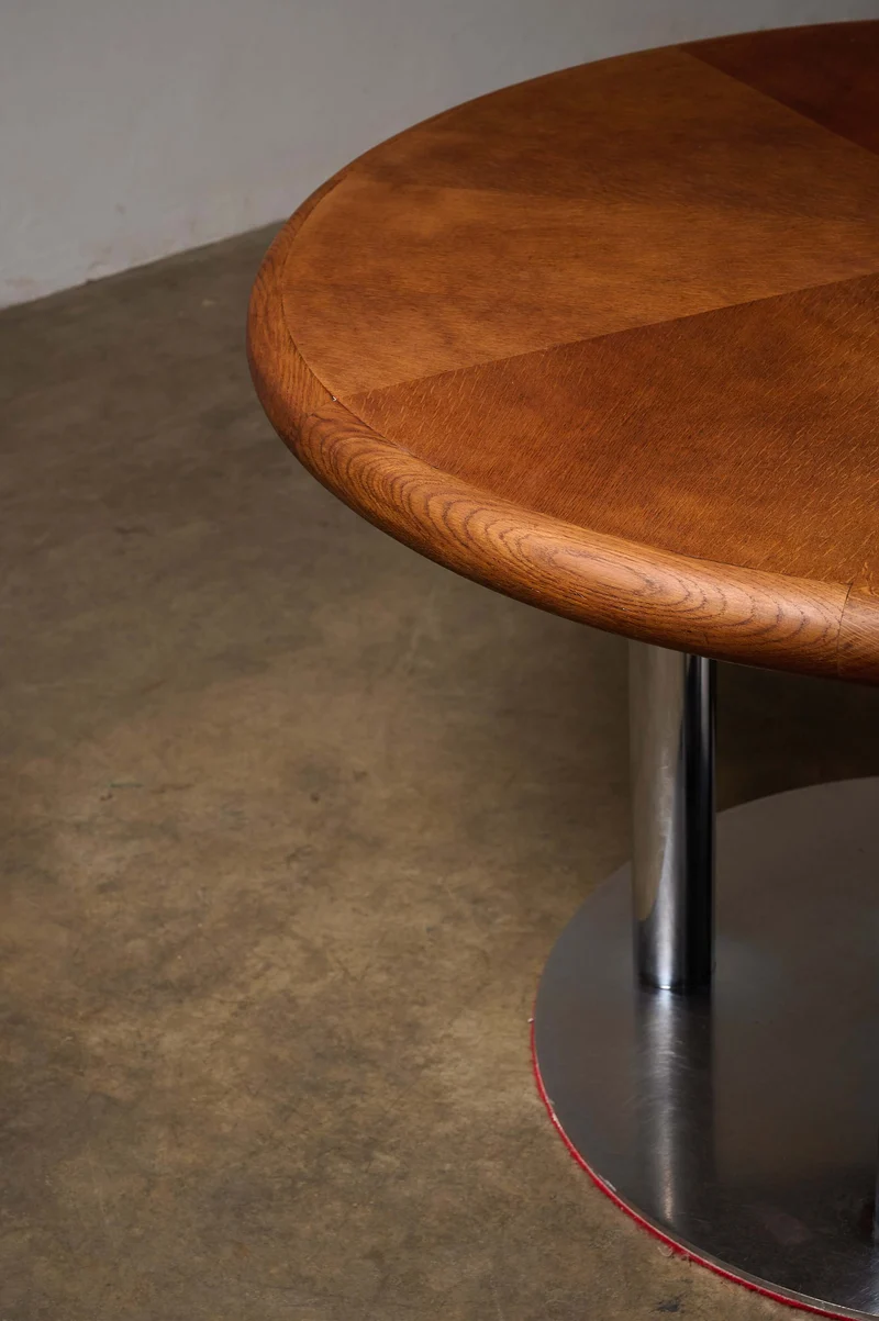 Round 1970s Dining Table with Chrome Pillar Base