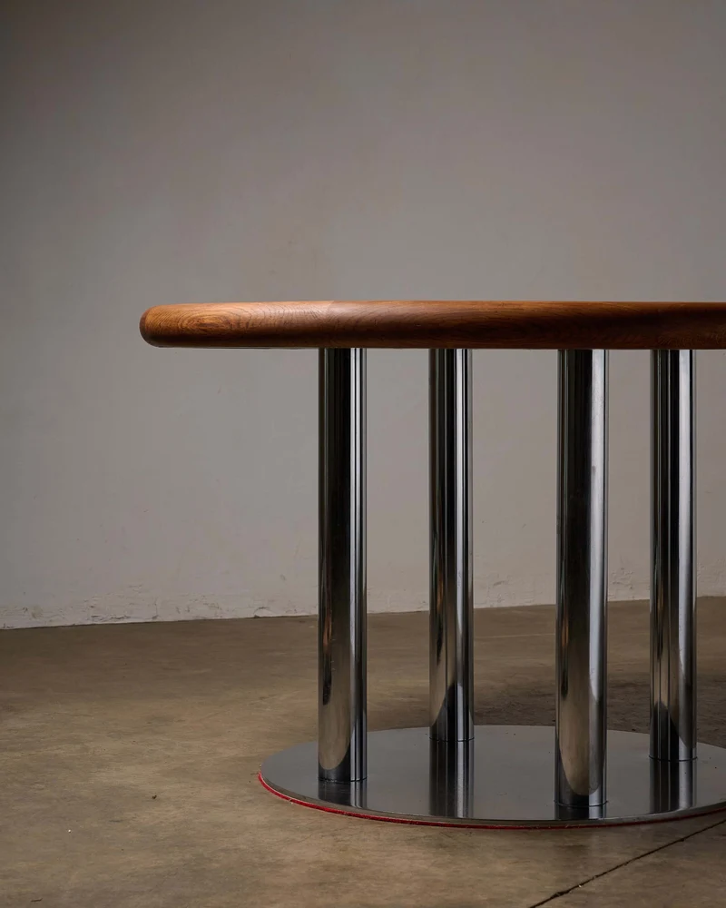 Round 1970s Dining Table with Chrome Pillar Base