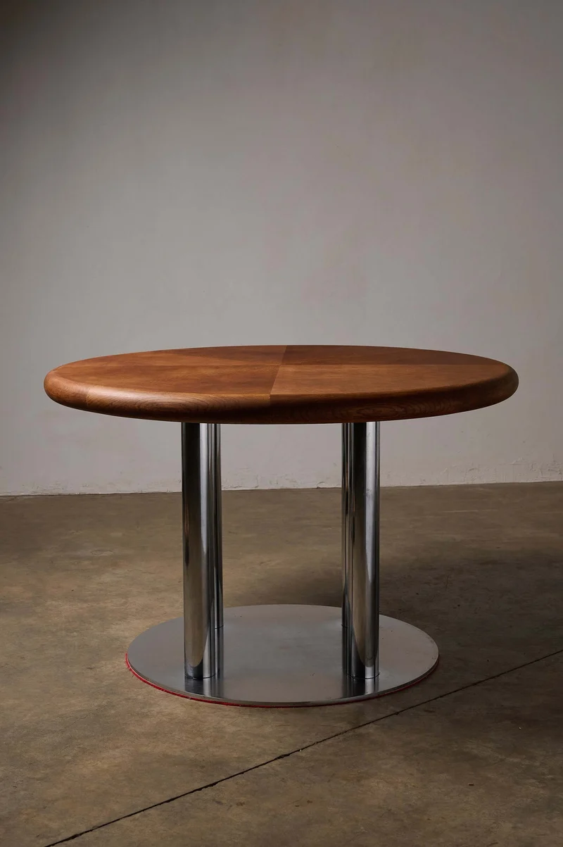 Round 1970s Dining Table with Chrome Pillar Base