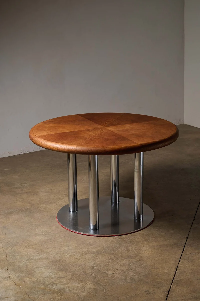 Round 1970s Dining Table with Chrome Pillar Base