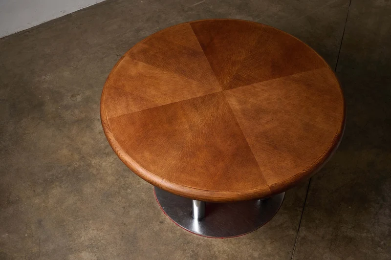 Round 1970s Dining Table with Chrome Pillar Base