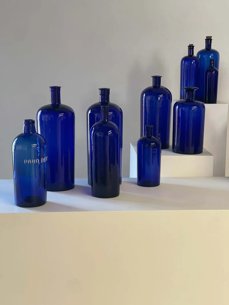 Collection of Antique Cobalt Blue Essence and Apothecary Bottles