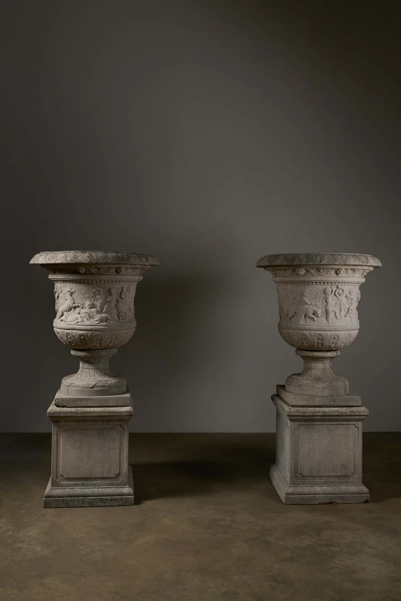 Pair of Monumental Cast Stone Garden Urns on Pedestals in polyester