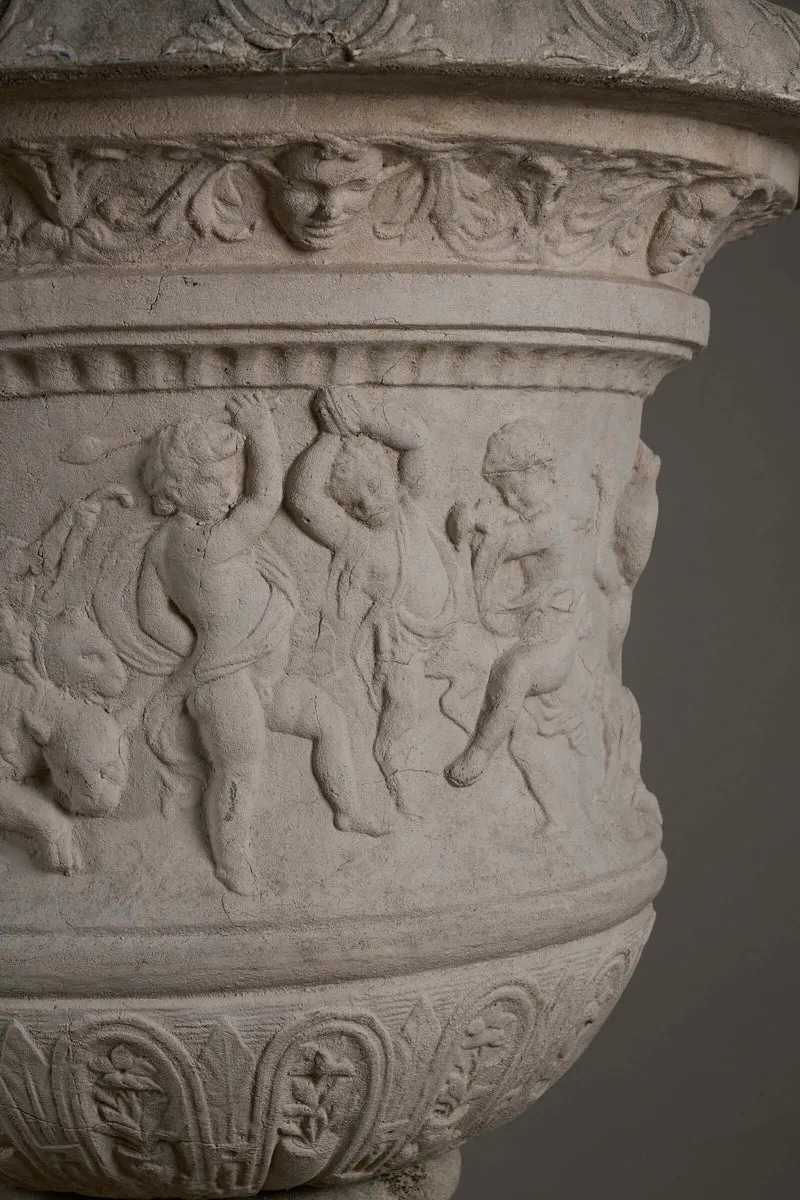 Pair of Monumental Cast Stone Garden Urns on Pedestals in polyester