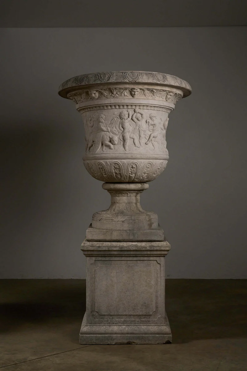 Pair of Monumental Cast Stone Garden Urns on Pedestals in polyester