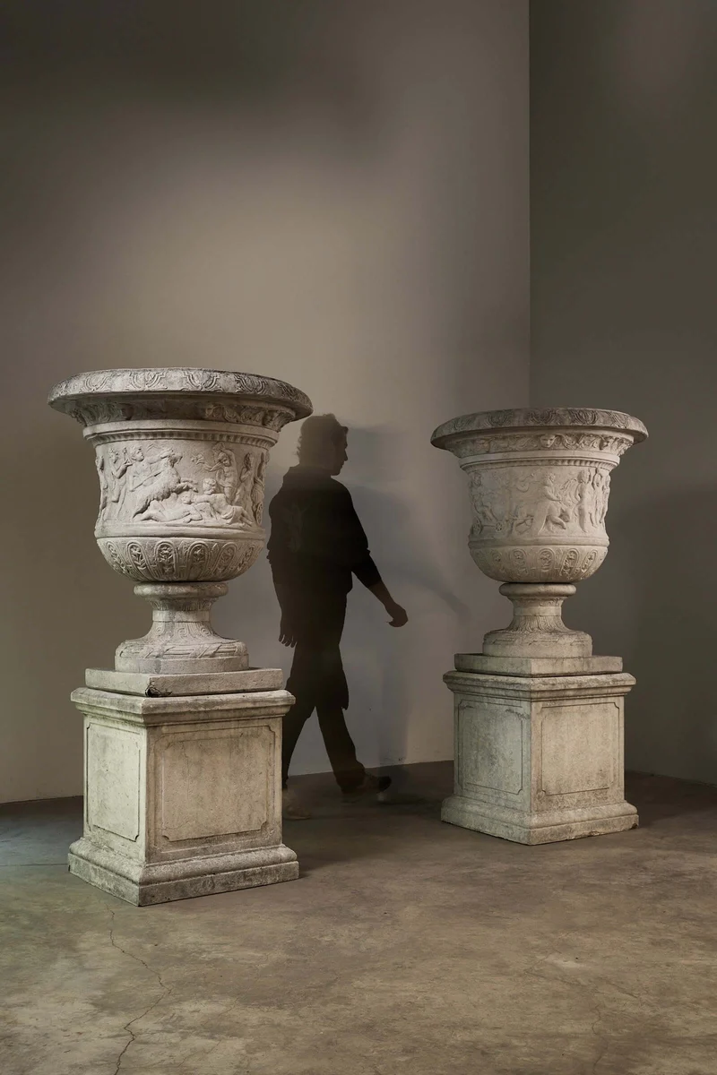 Pair of Monumental Cast Stone Garden Urns on Pedestals in polyester