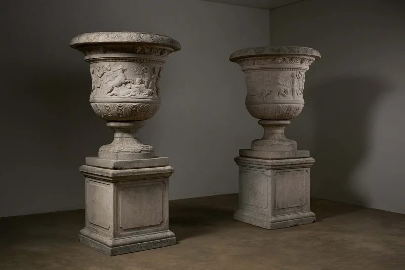 Pair of Monumental Cast Stone Garden Urns on Pedestals in polyester