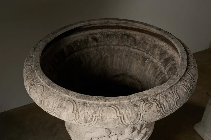 Pair of Monumental Cast Stone Garden Urns on Pedestals in polyester
