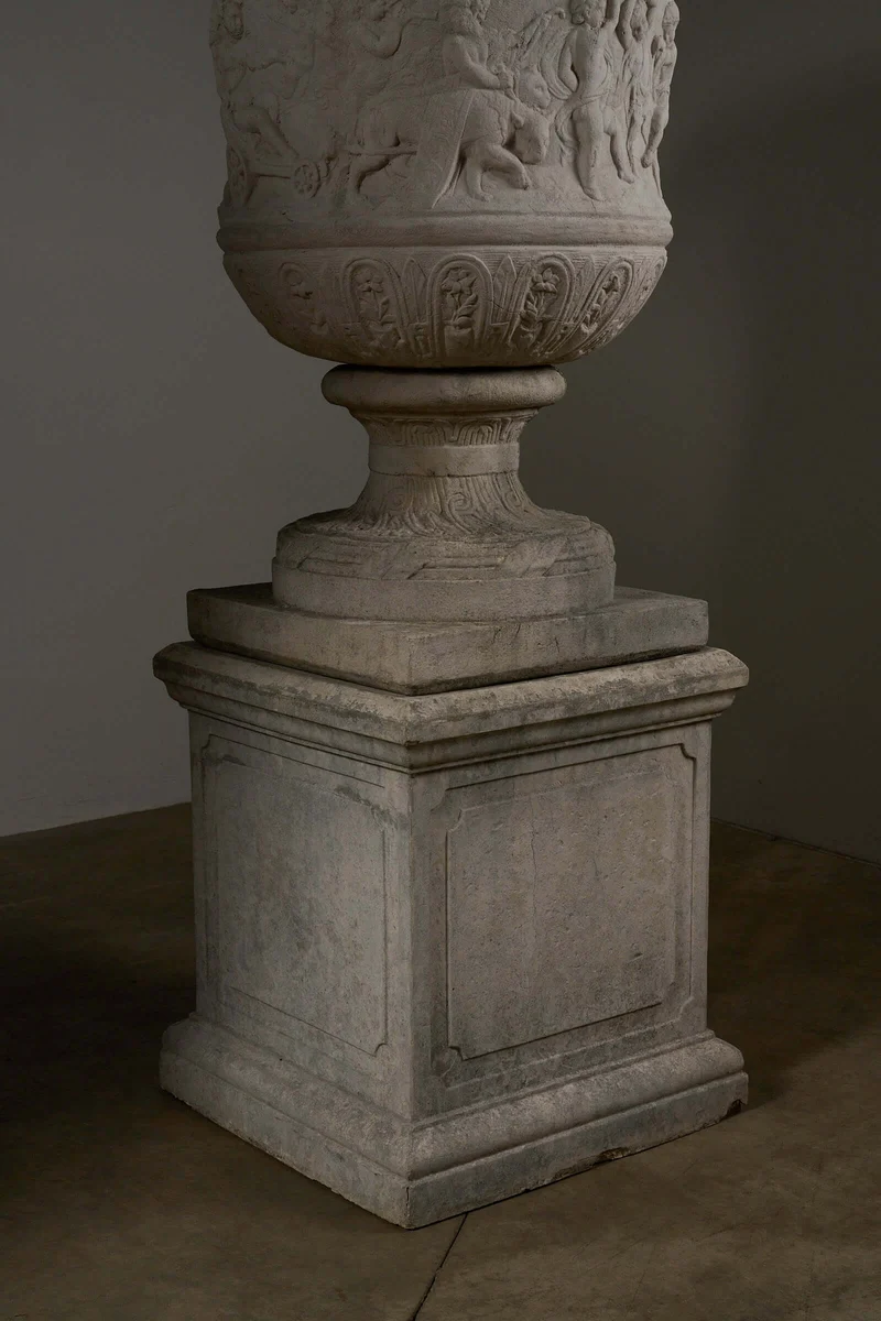 Pair of Monumental Cast Stone Garden Urns on Pedestals in polyester