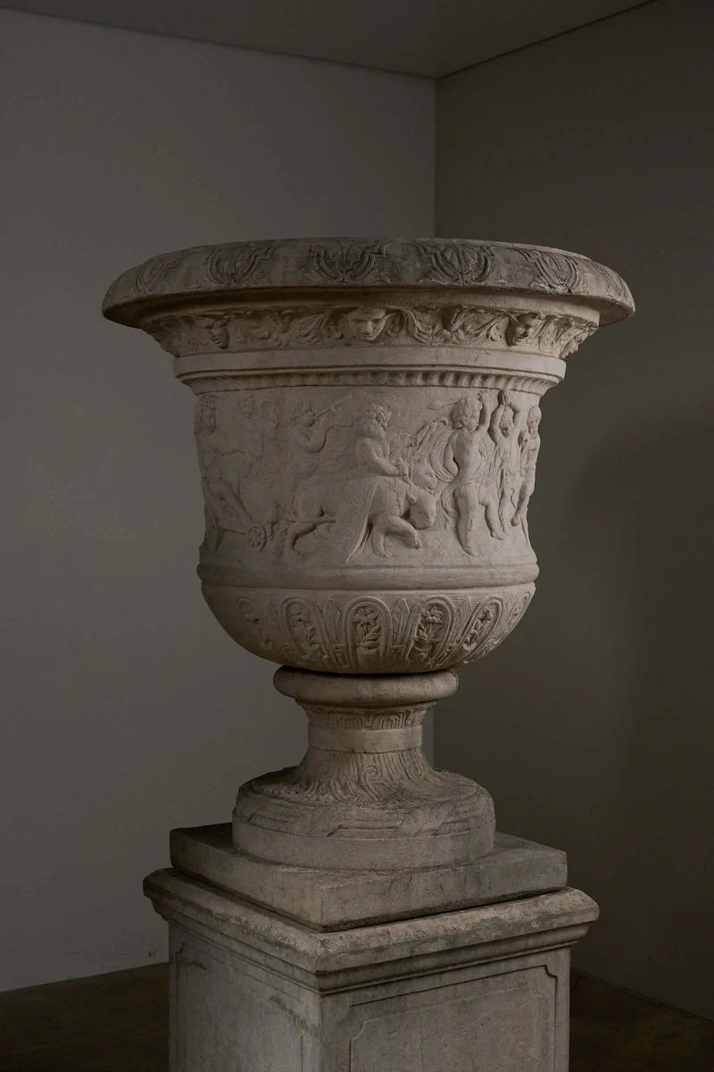 Pair of Monumental Cast Stone Garden Urns on Pedestals in polyester