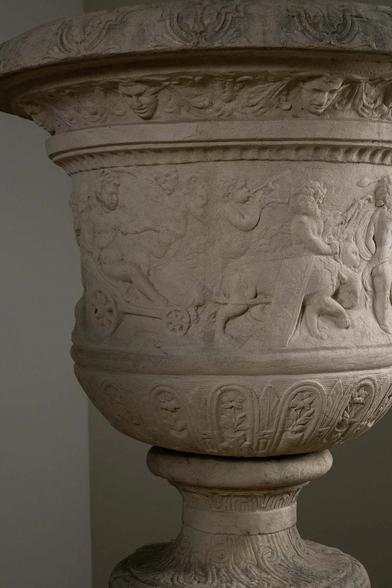 Pair of Monumental Cast Stone Garden Urns on Pedestals in polyester