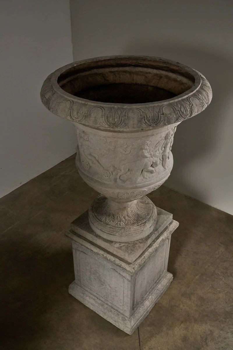 Pair of Monumental Cast Stone Garden Urns on Pedestals in polyester