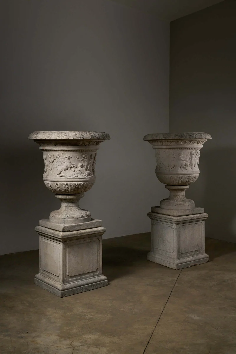 Pair of Monumental Cast Stone Garden Urns on Pedestals in polyester