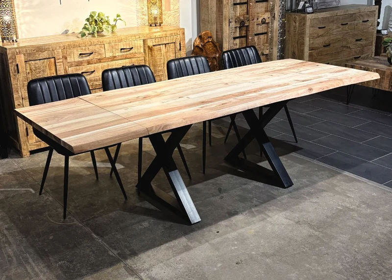 Table à dîner extensible acacia 1.5" bord naturel blanchi X
