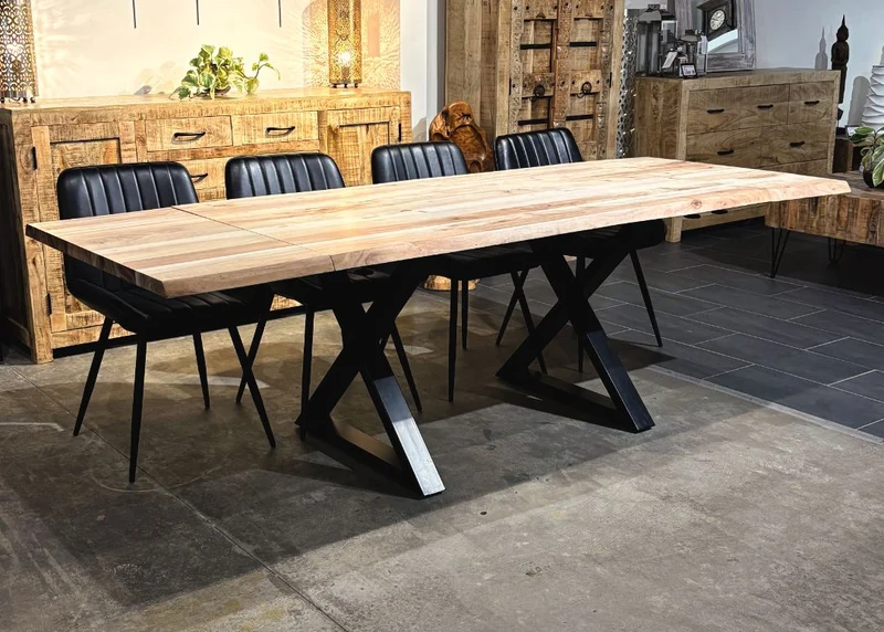 Table à dîner extensible acacia 1.5" bord naturel blanchi X