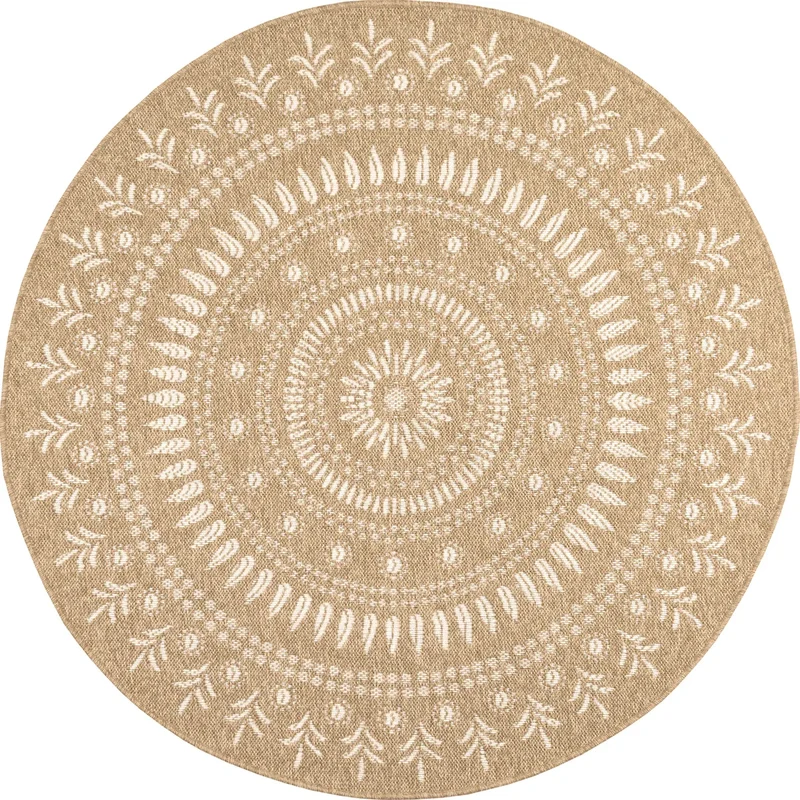 Tapis aspect jute nature motifs orientaux blancs rond - Nature