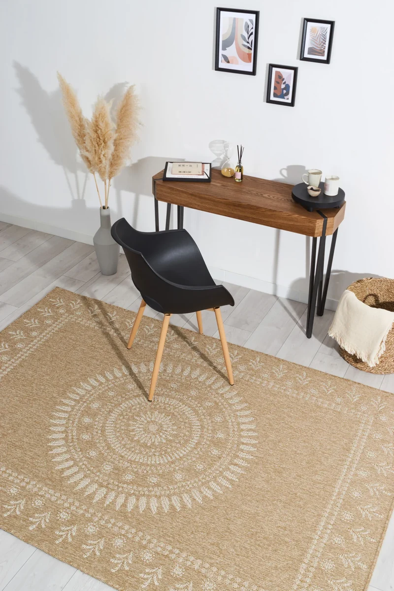Tapis aspect jute nature motifs orientaux blancs - Nature