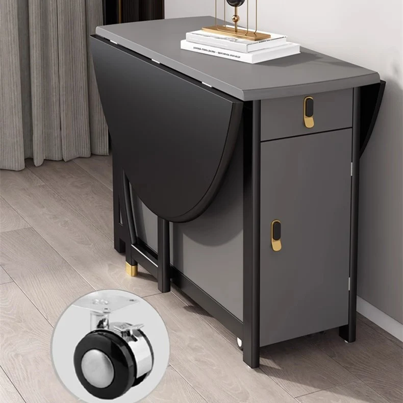 Table de salle à manger ronde à double abattant gris noir avec 4 chaises