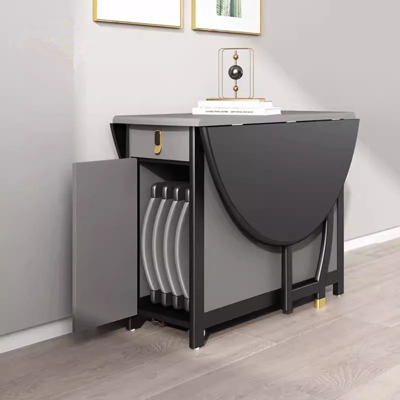Table de salle à manger ronde à double abattant gris noir avec 4 chaises