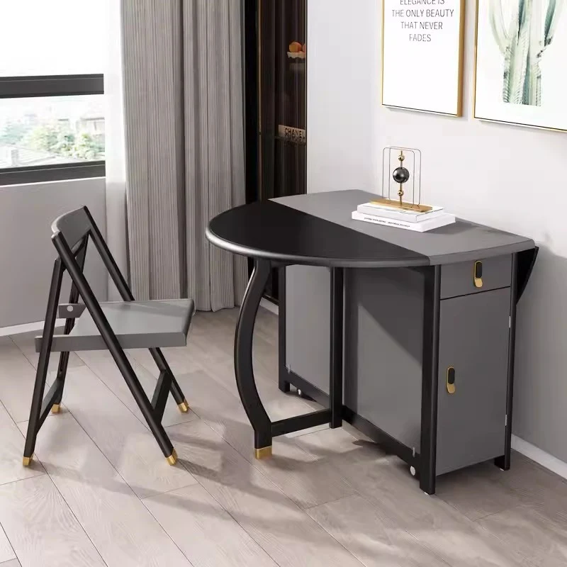 Table de salle à manger ronde à double abattant gris noir avec 4 chaises