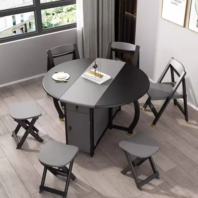 Table de salle à manger ronde à double abattant gris noir avec 4 chaises