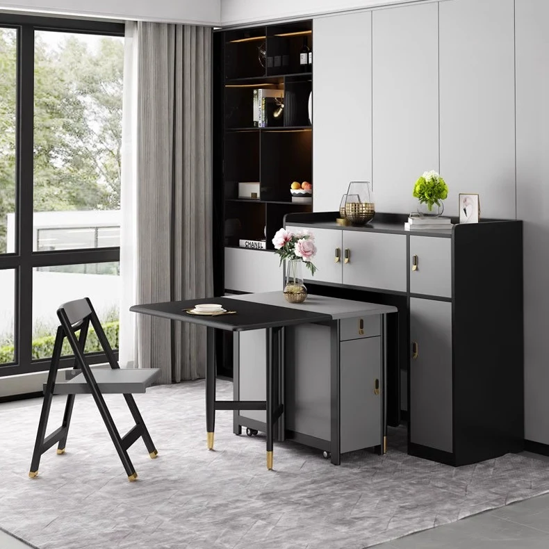 Table moderne à double abattant avec chaises, gris noir