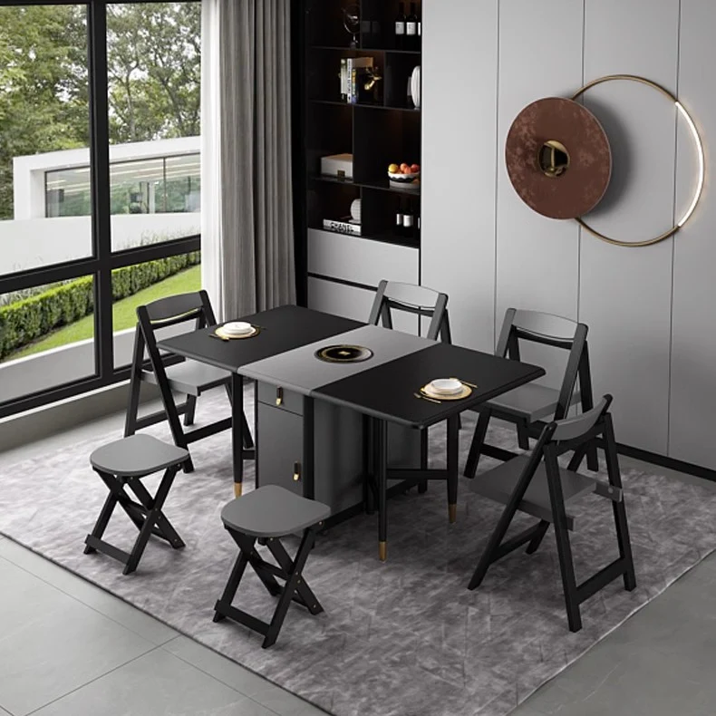 Table moderne à double abattant avec chaises, gris noir