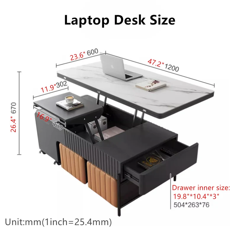 Table basse de table relevable moderne avec 4 tabourets
