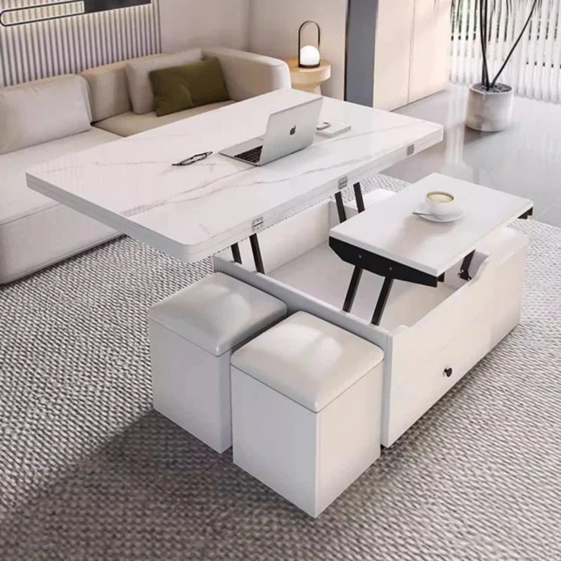 Table basse multifonctionnelle à plateau relevable avec 4 tabourets de rangement