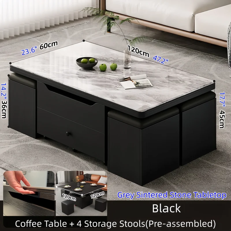 Table basse multifonctionnelle à plateau relevable avec 4 tabourets de rangement