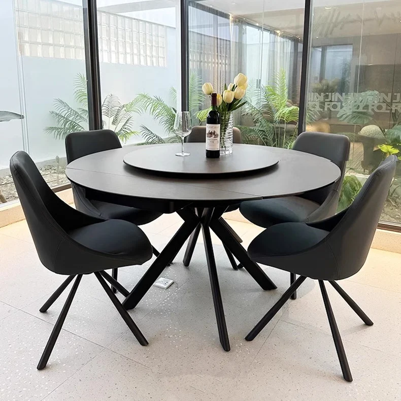 Table de salle à manger ronde extensible rotative avec plateau en dalle de roche