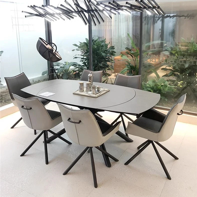 Table de salle à manger rotative extensible avec plateau en dalles de roche
