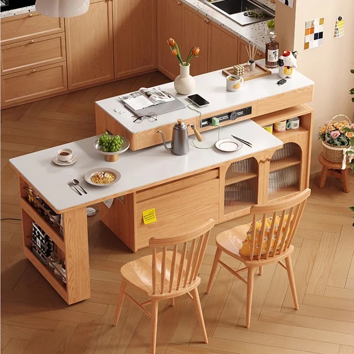 Îlot de cuisine en pierre frittée avec table rotative à 180 degrés