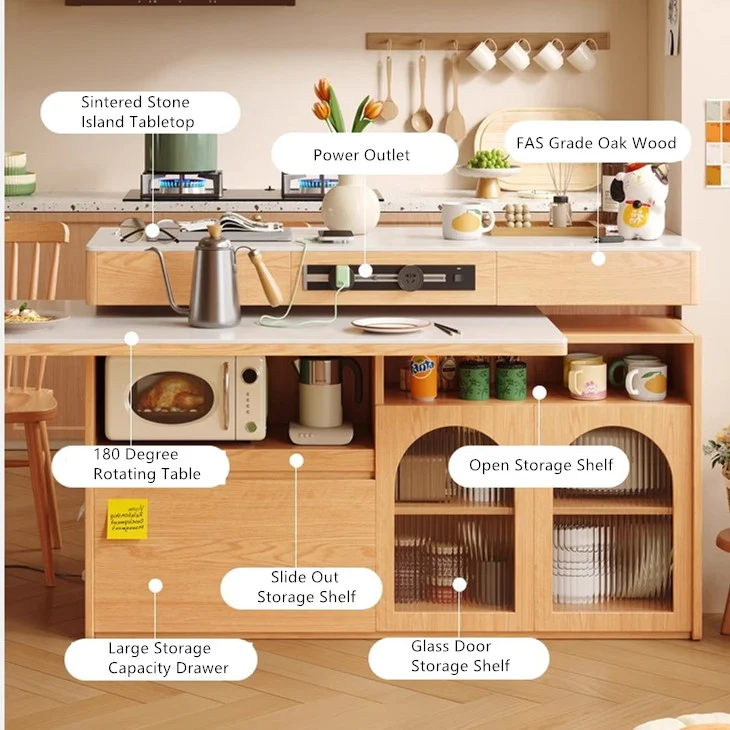 Îlot de cuisine en pierre frittée avec table rotative à 180 degrés