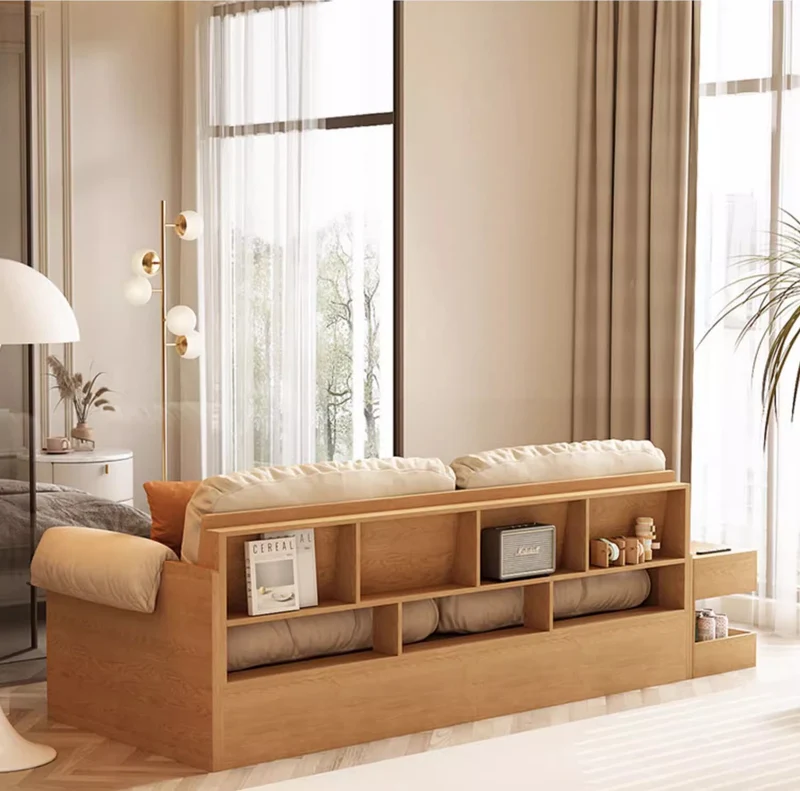 Canapé de rangement multifonction en tissu avec accoudoirs, table et tiroirs